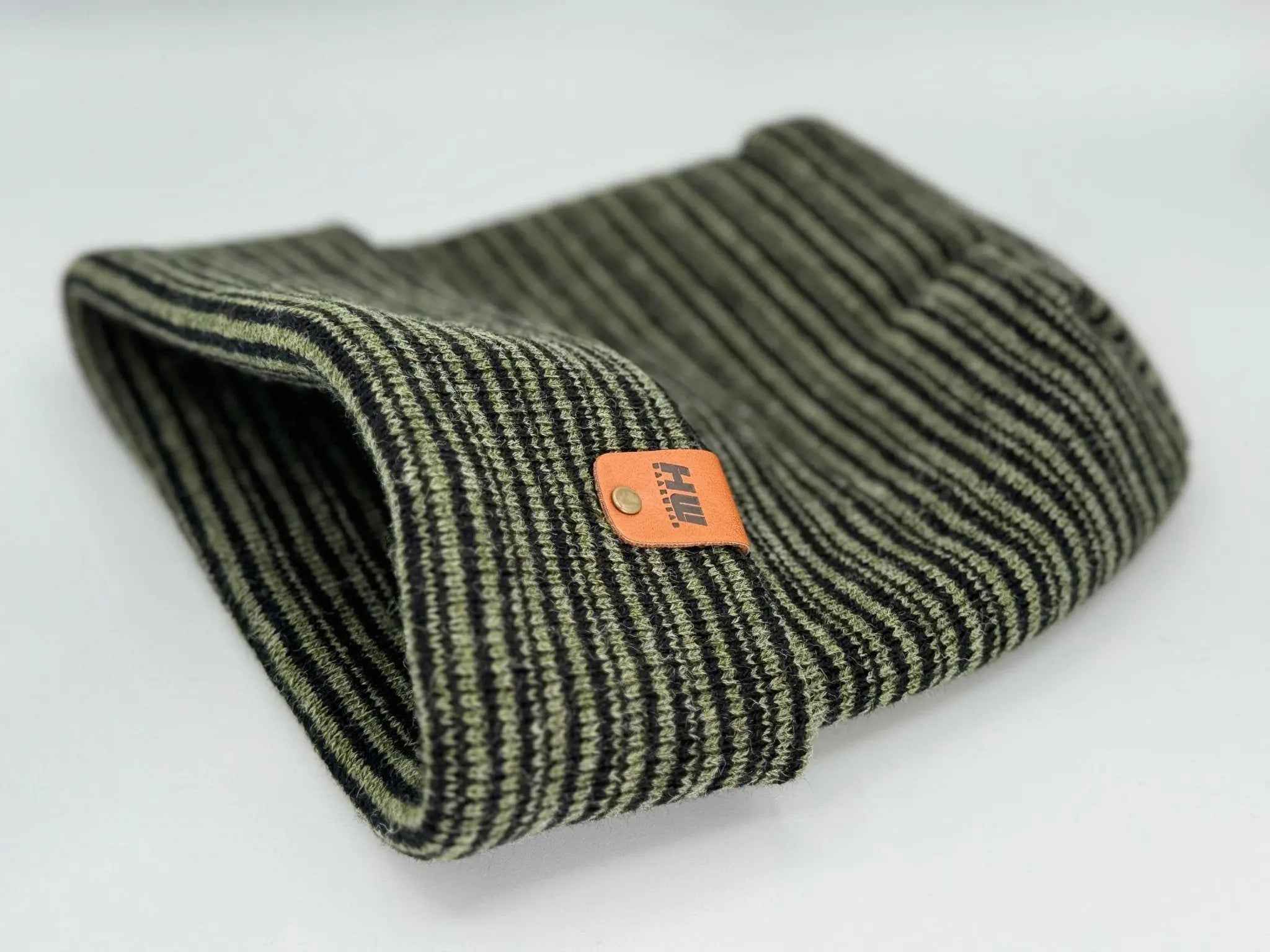 Modern H Stitch Contrast Cuffed Beanie (Patented Design) Black / Green, Made in USA.
