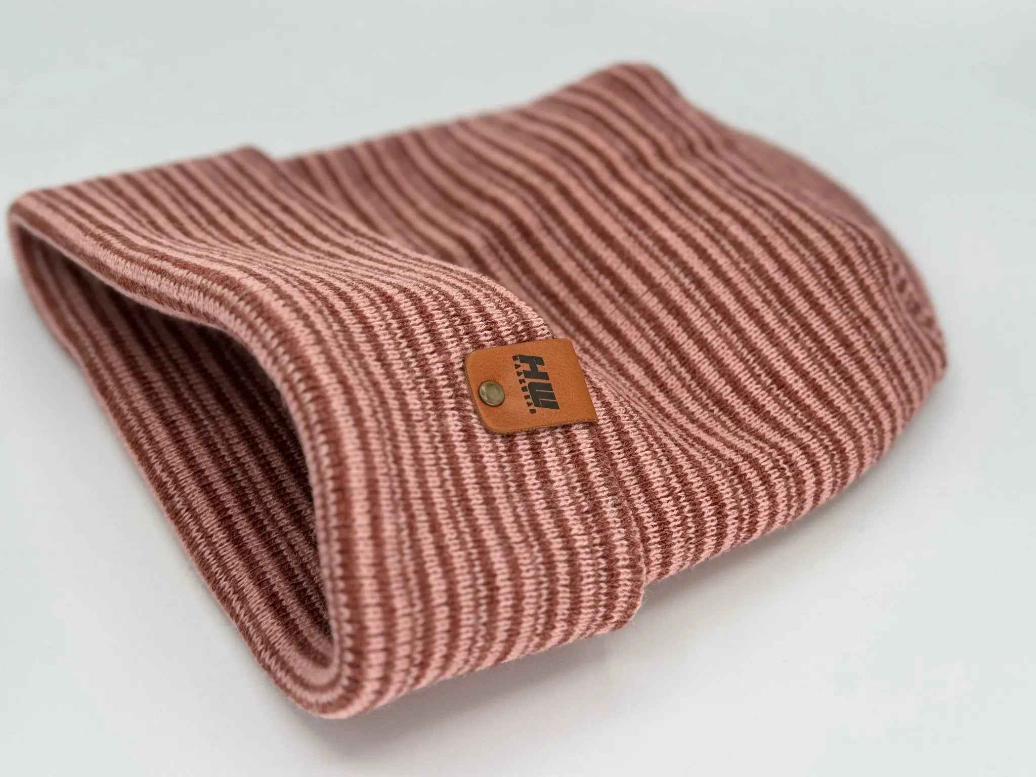 Modern H Stitch Contrast Cuffed Beanie (Patented Design) Burgundy / Pink, Made in USA.