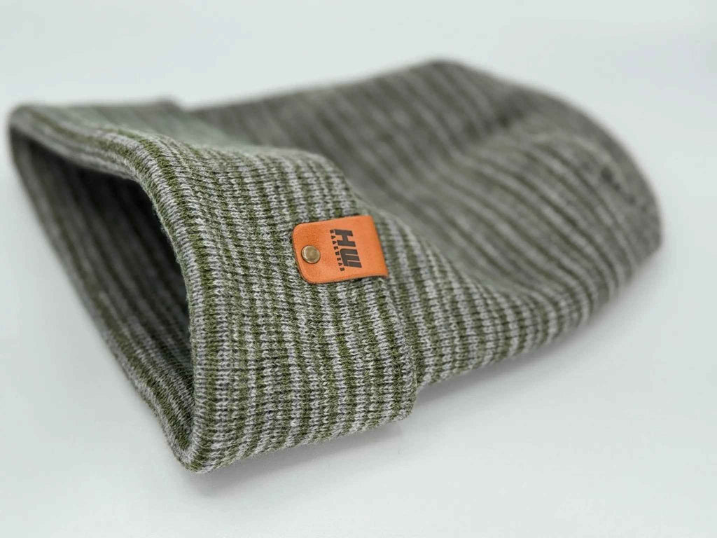 Modern H Stitch Contrast Cuffed Beanie (Patented Design) Gray / Green, Made in USA.