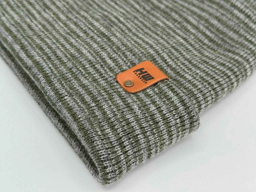 Modern H Stitch Contrast Cuffed Beanie (Patented Design) Gray / Green, Made in USA.