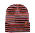 Multicolored striped beanie with a brand logo on a white background