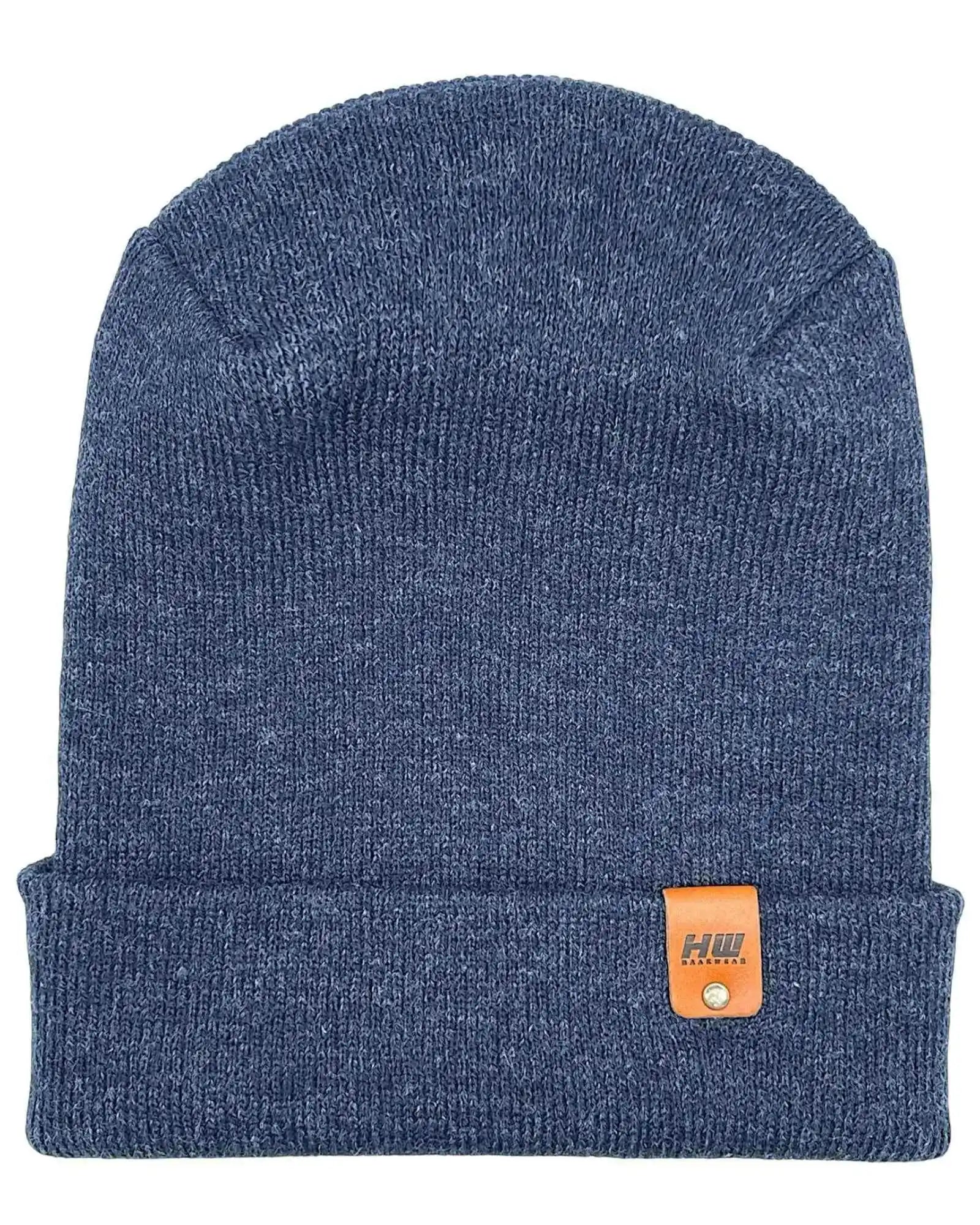 Denim blue knit cuffed beanie with rectangular logo patch on cuff