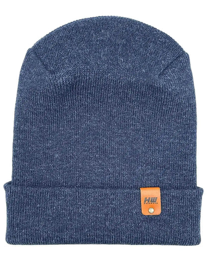 Denim blue knit cuffed beanie with rectangular logo patch on cuff