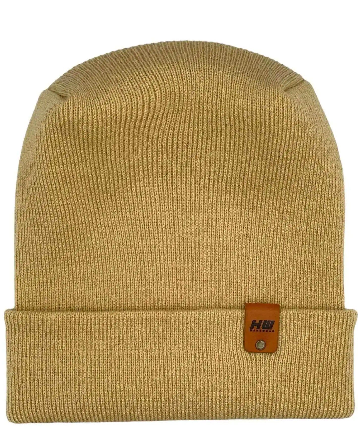 Dune beige knit cuffed beanie with rectangular logo patch on cuff
