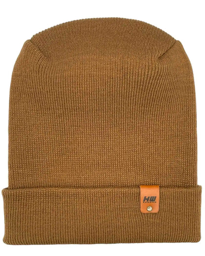 Camel tan ribbed knit beanie with folded cuff and small brown logo patch.