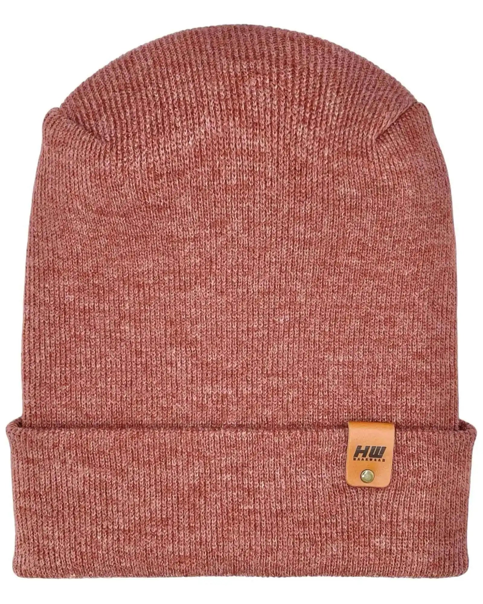 Burgundy ribbed knit beanie with folded cuff and small brown logo patch.