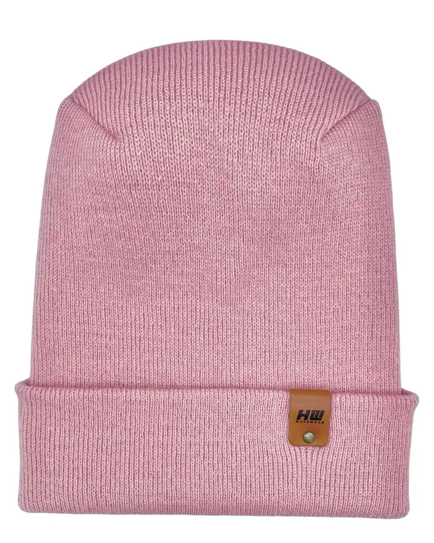 Light pink ribbed knit beanie with folded cuff and small brown logo patch.