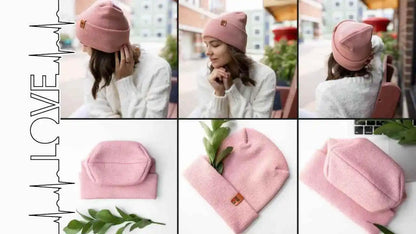 Pink knit cuffed beanie with folded cuff and small logo patch