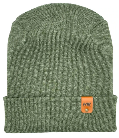 Koala gray knit cuffed beanie with rectangular logo patch on cuff