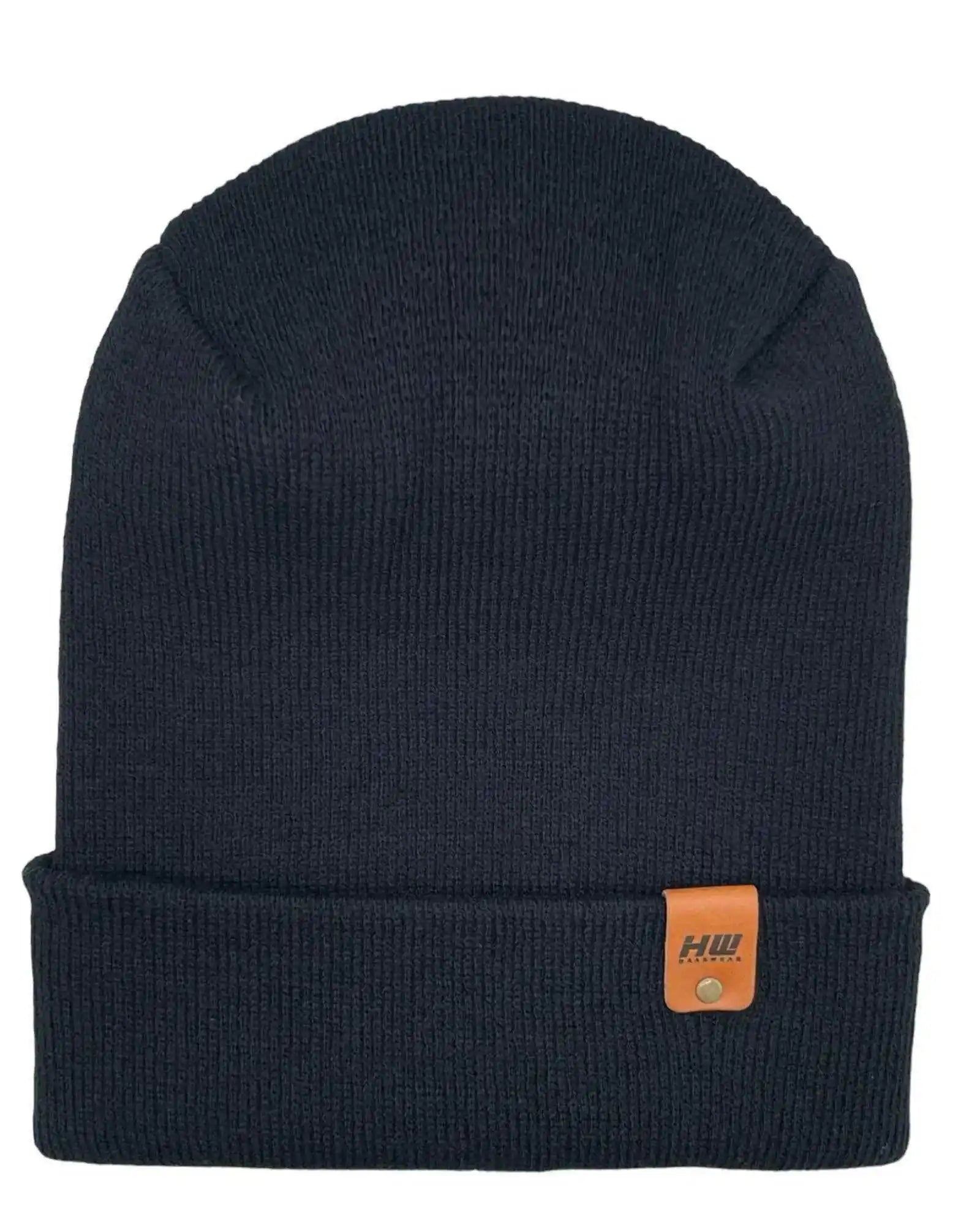 Charcoal black knit cuffed beanie with rectangular logo patch on cuff