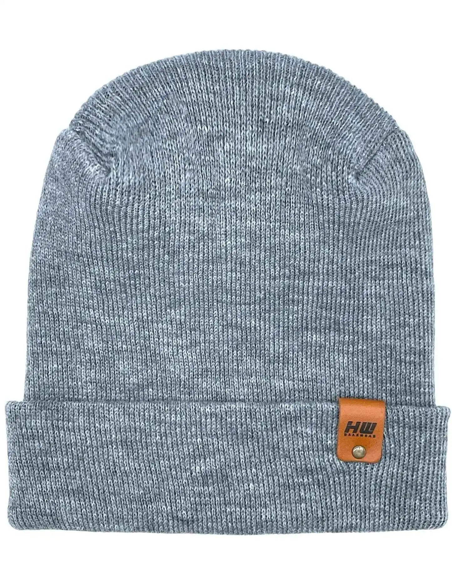 Gray knit beanie with folded cuff and small leather-look logo patch