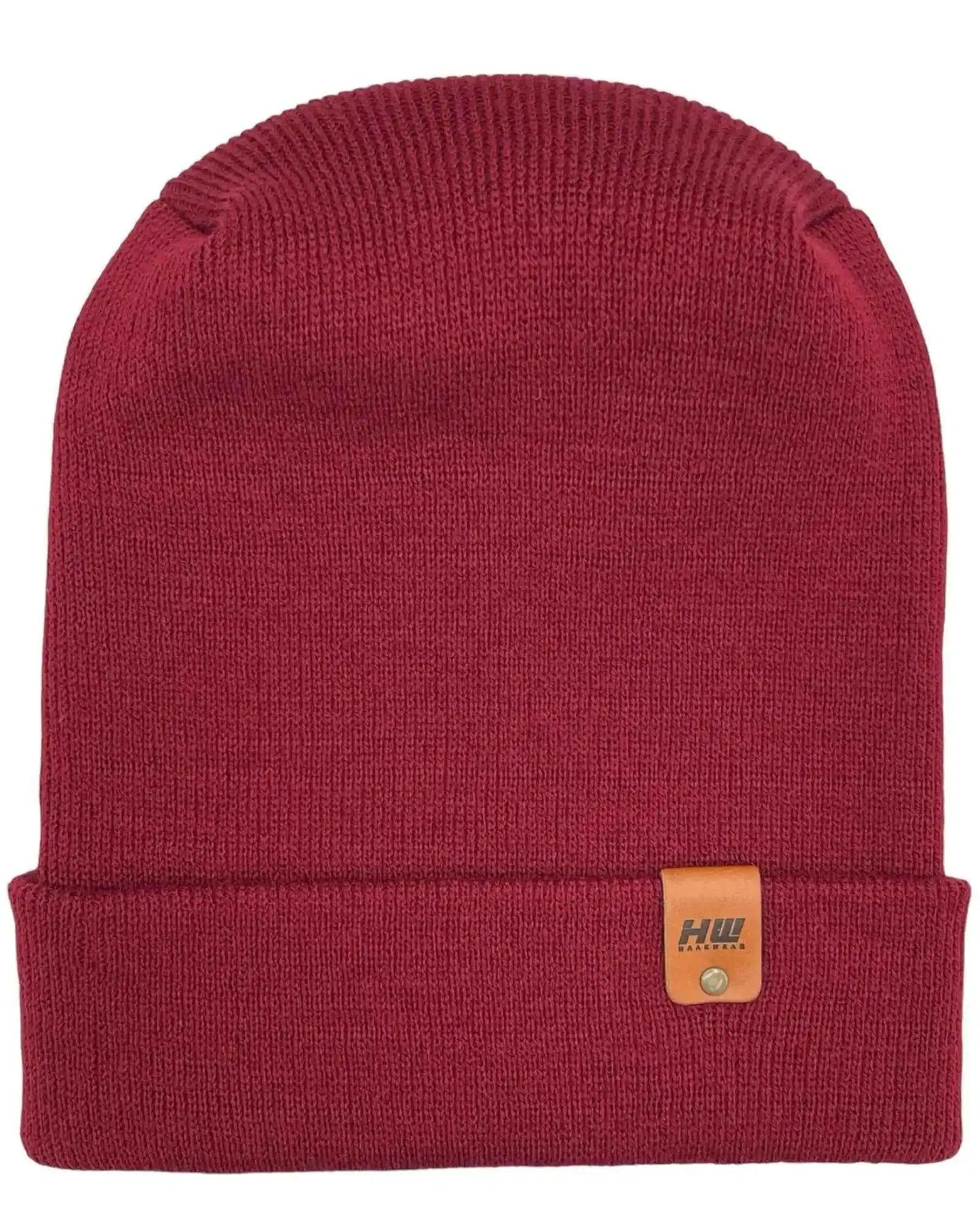 Maroon ribbed knit beanie with folded cuff and small brown logo patch.