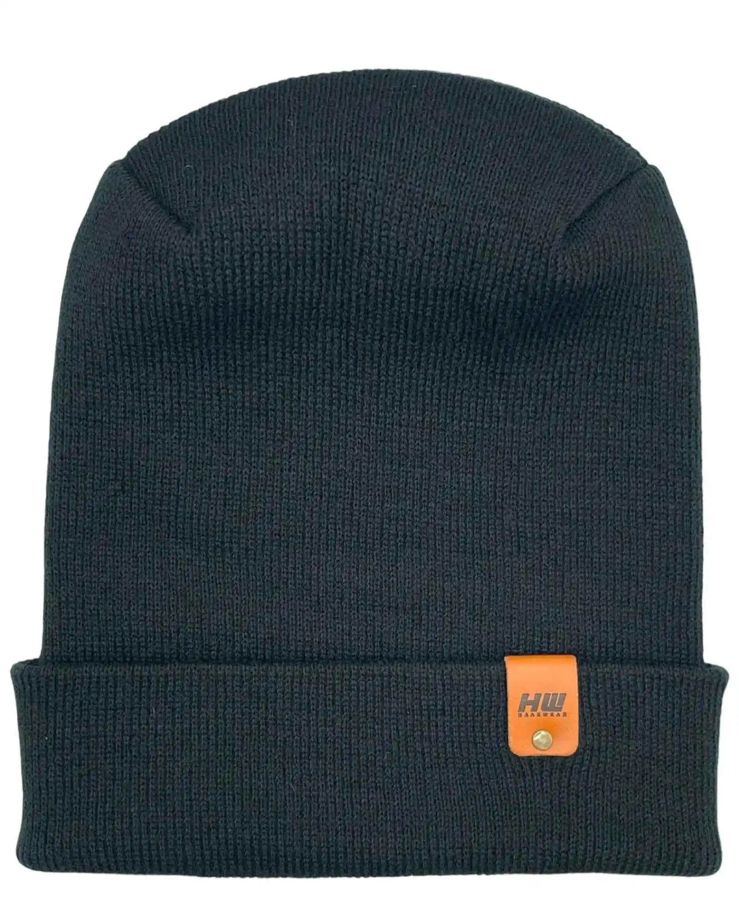 Forest green knit cuffed beanie with rectangular logo patch on cuff