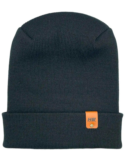 Forest green knit cuffed beanie with rectangular logo patch on cuff