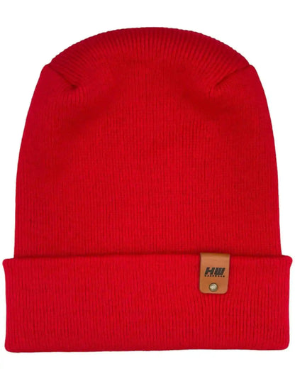 Red ribbed knit beanie with folded cuff and small brown logo patch.