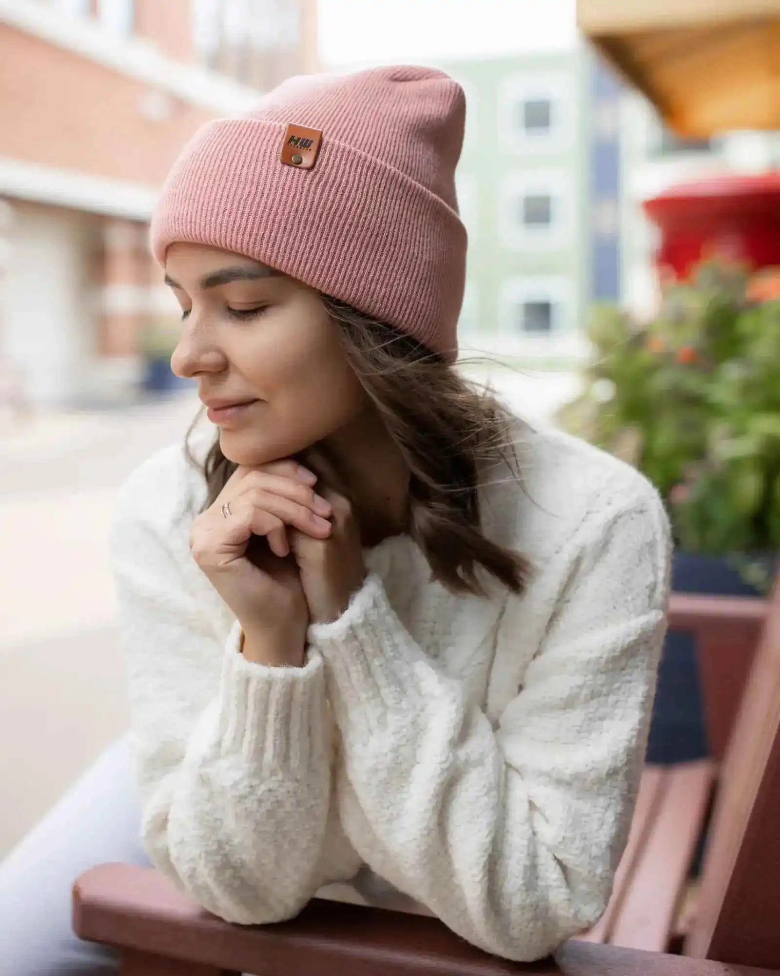 H-stitch cuffed beanie, soft pink ribbed knit with leather brand patch