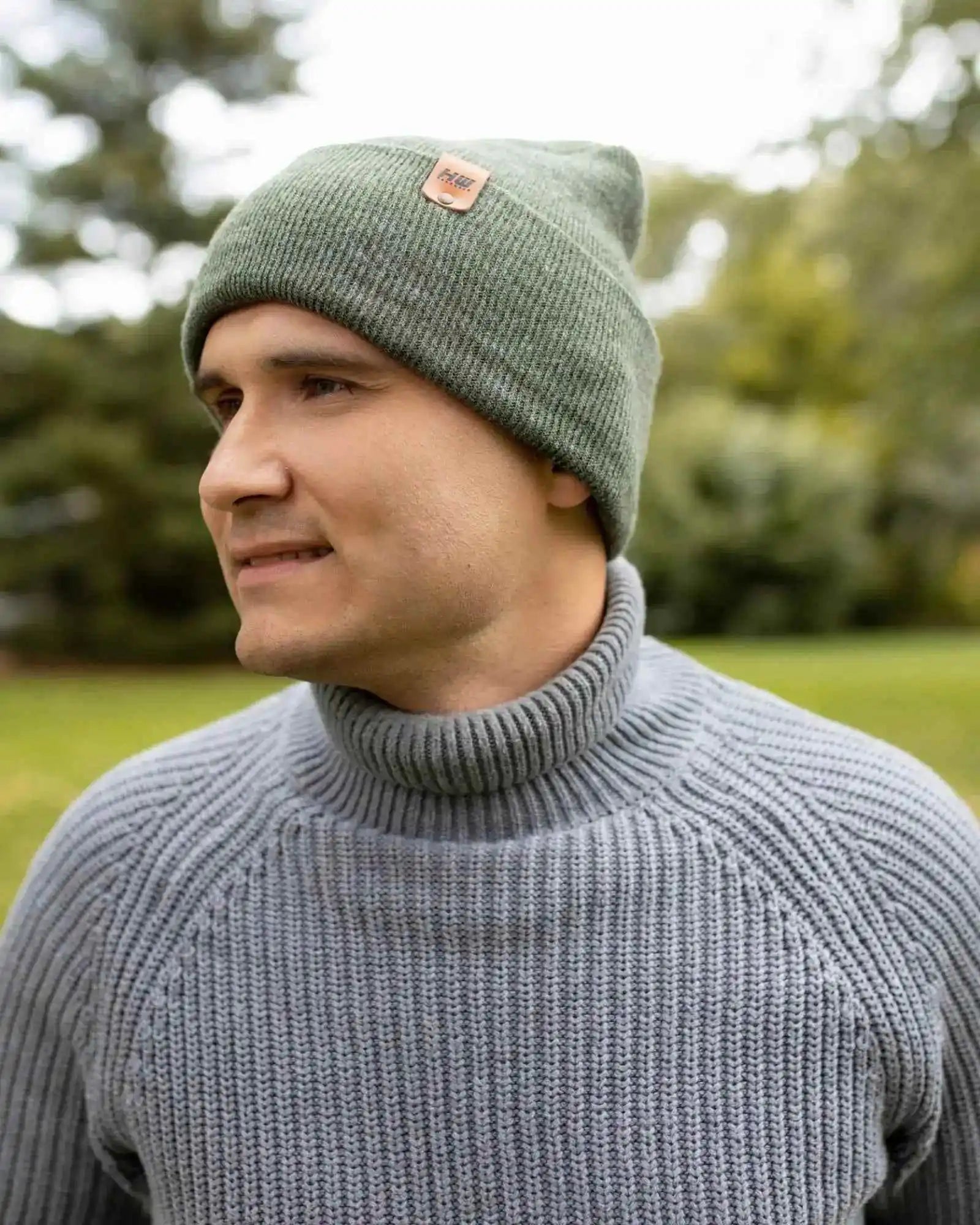 H-stitch cuffed beanie, heather gray knit with leather brand patch
