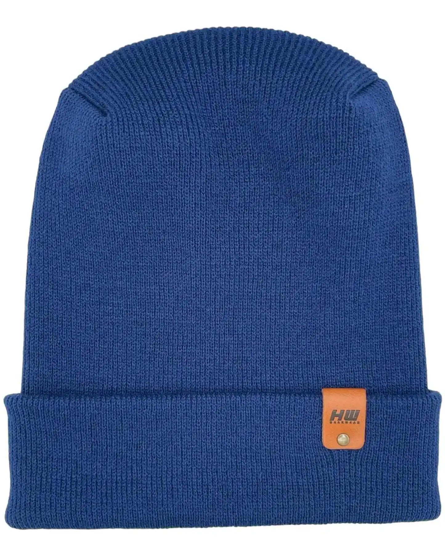 Blue knit beanie with folded cuff and small leather-look logo patch