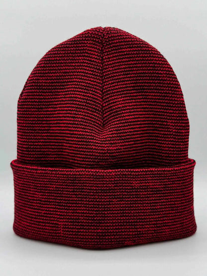 Red and dark striped knit beanie with fold-up cuff, no front label visible
