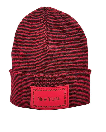 Red and dark striped knit beanie with fold-up cuff and front rectangular 'NEW YORK' patch