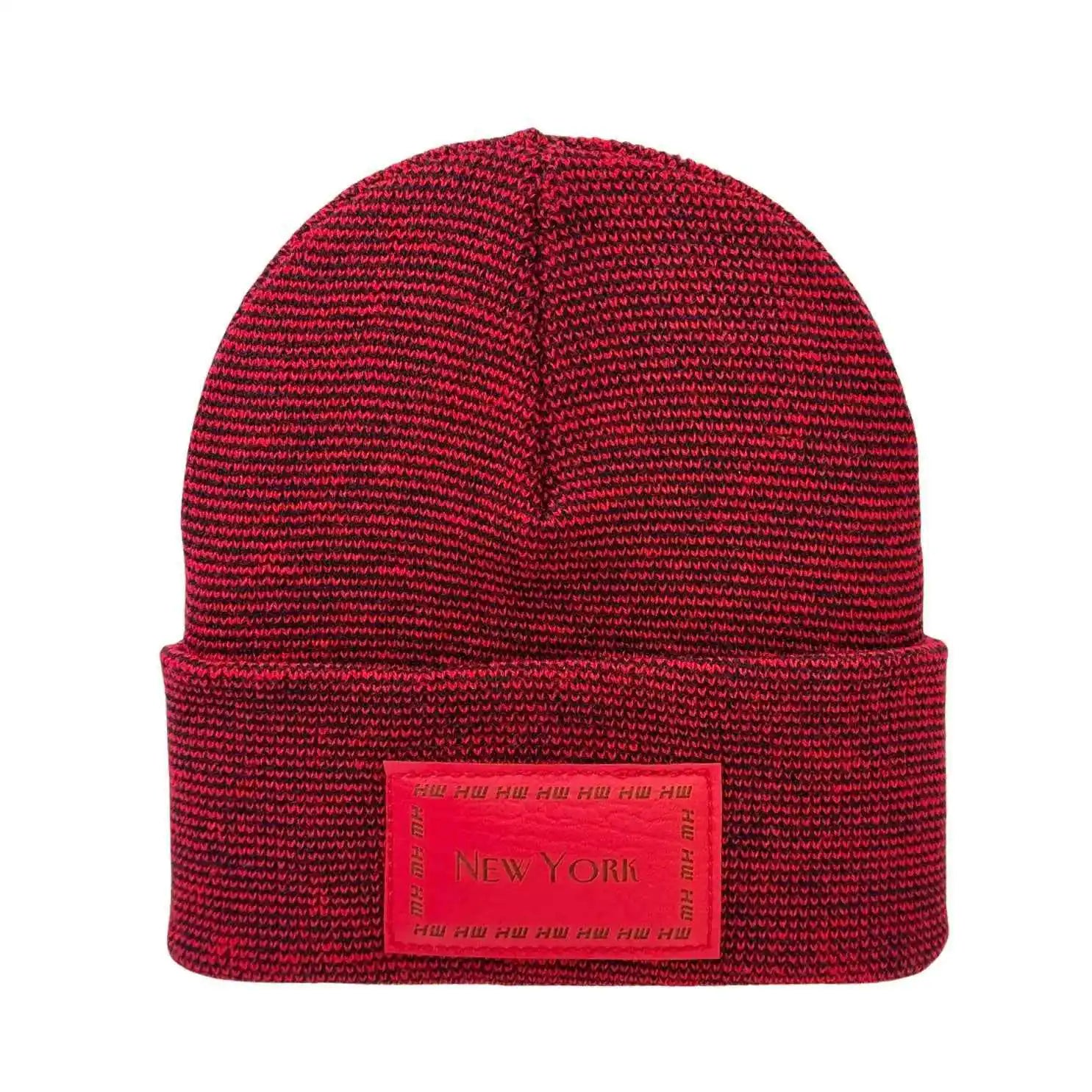 Red and dark striped knit beanie with fold-up cuff and rectangular 'NEW YORK' label