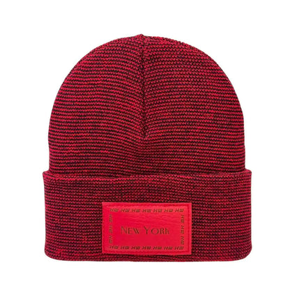 Red and dark striped knit beanie with fold-up cuff and rectangular 'NEW YORK' label