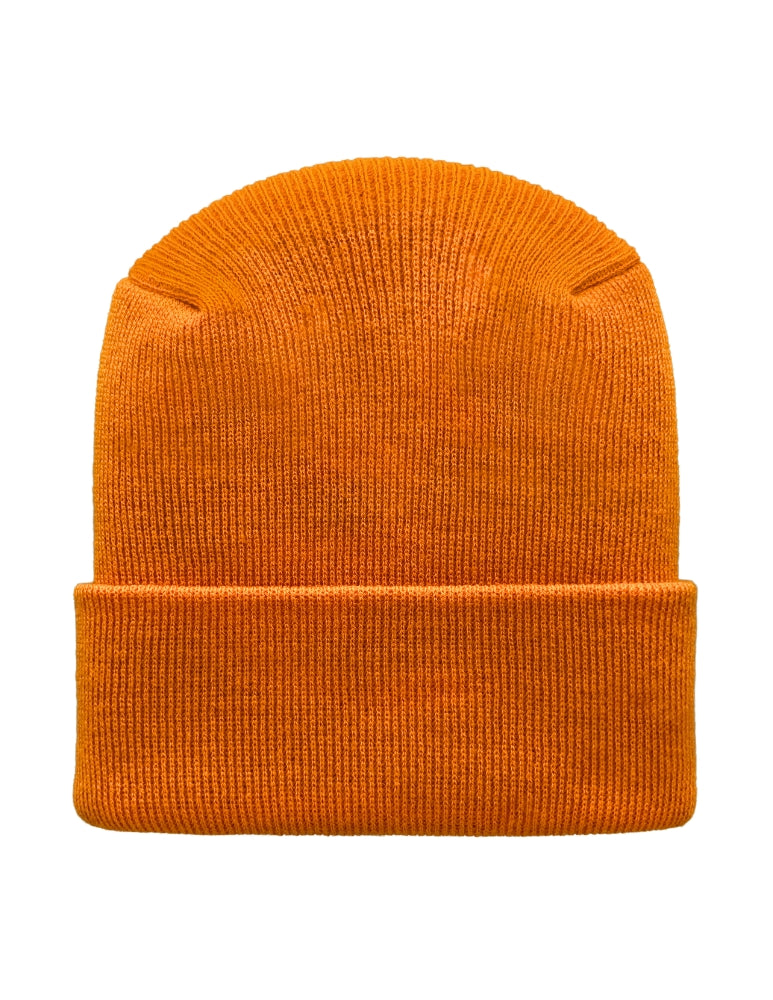 Orange knit beanie on a white background