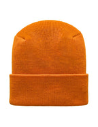 Orange knit beanie on a white background