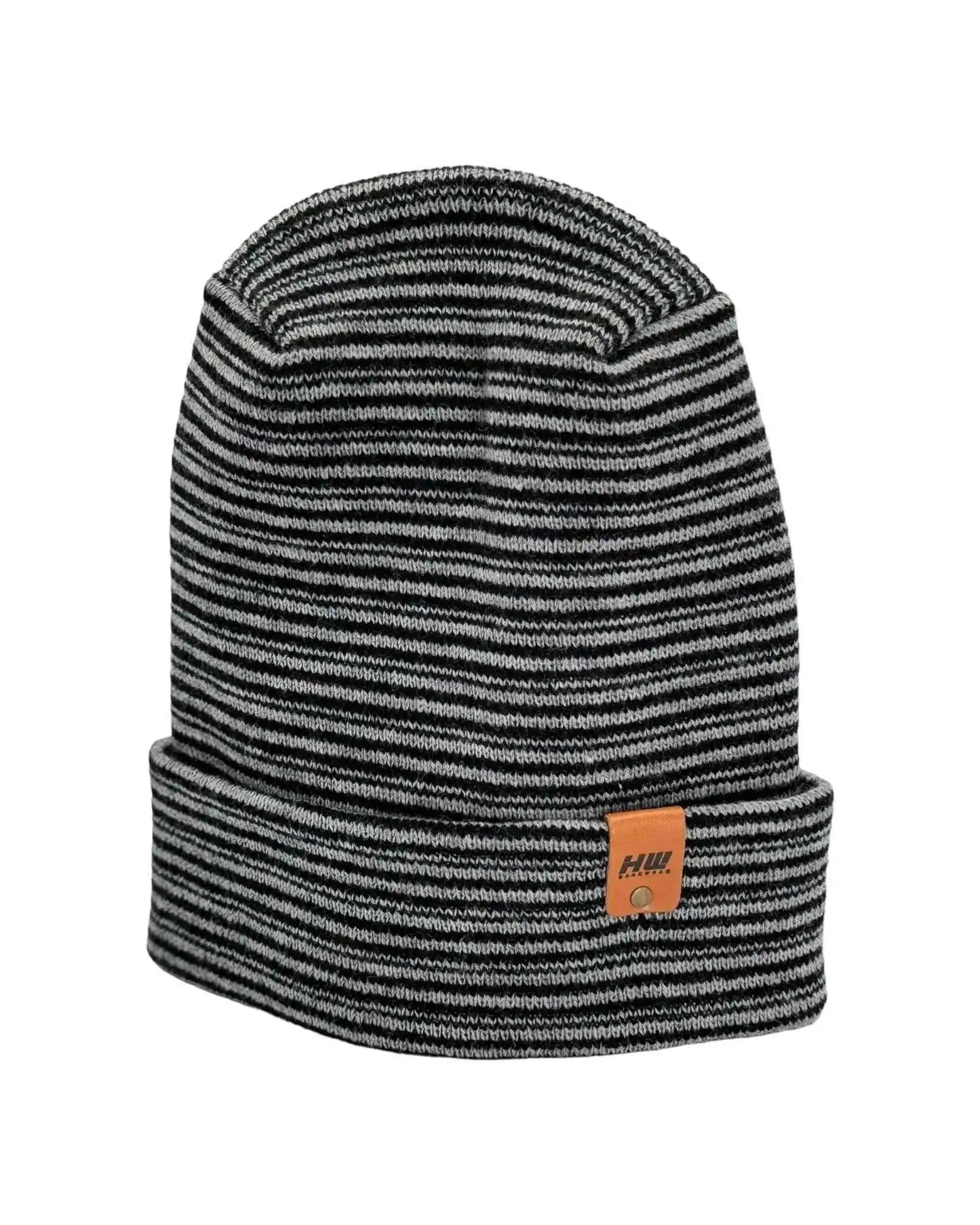 Black and gray striped knit beanie with cuff and logo patch