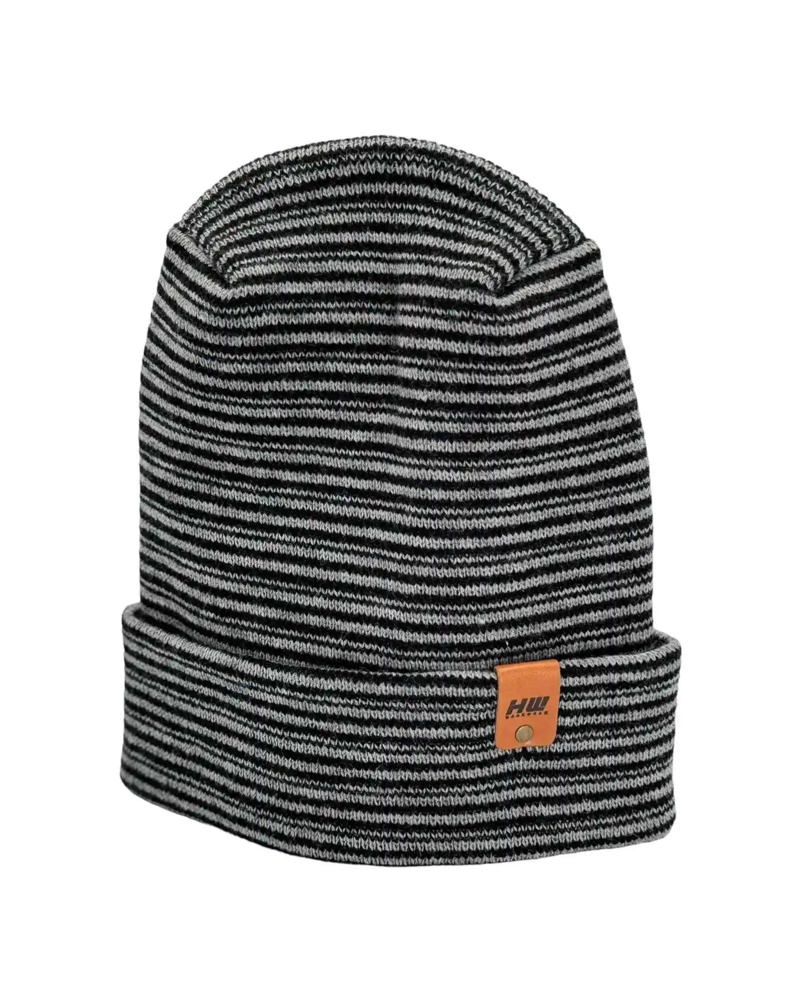Black and gray striped knit beanie with cuff and logo patch