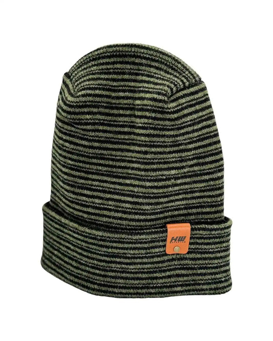 Striped contrast beanie with ribbed cuff, green and dark gray knit, orange logo patch