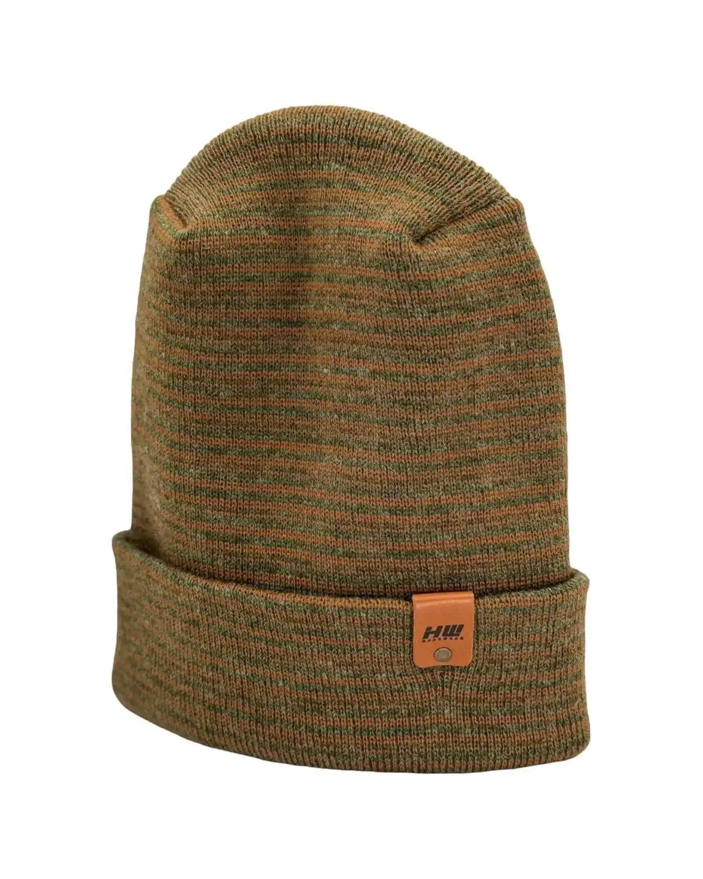 Brown and green contrast cuff beanie with knit texture and small logo patch
