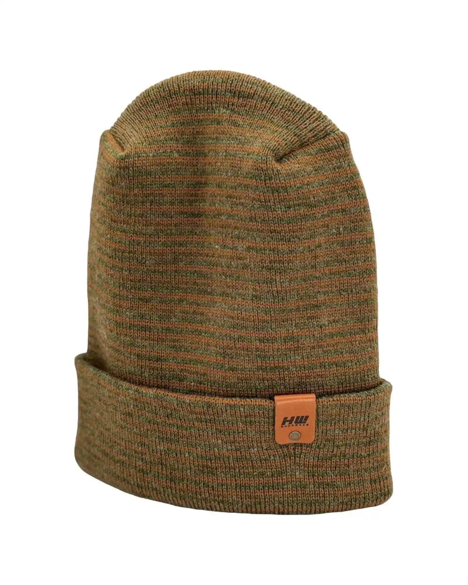 Brown and green contrast cuff beanie with knit texture and small logo patch