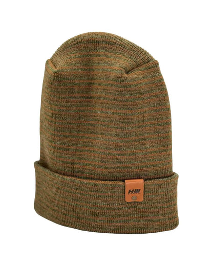 Brown and green contrast cuff beanie with knit texture and small logo patch
