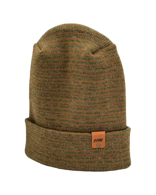 Brown and green contrast cuff beanie with knit texture and small logo patch