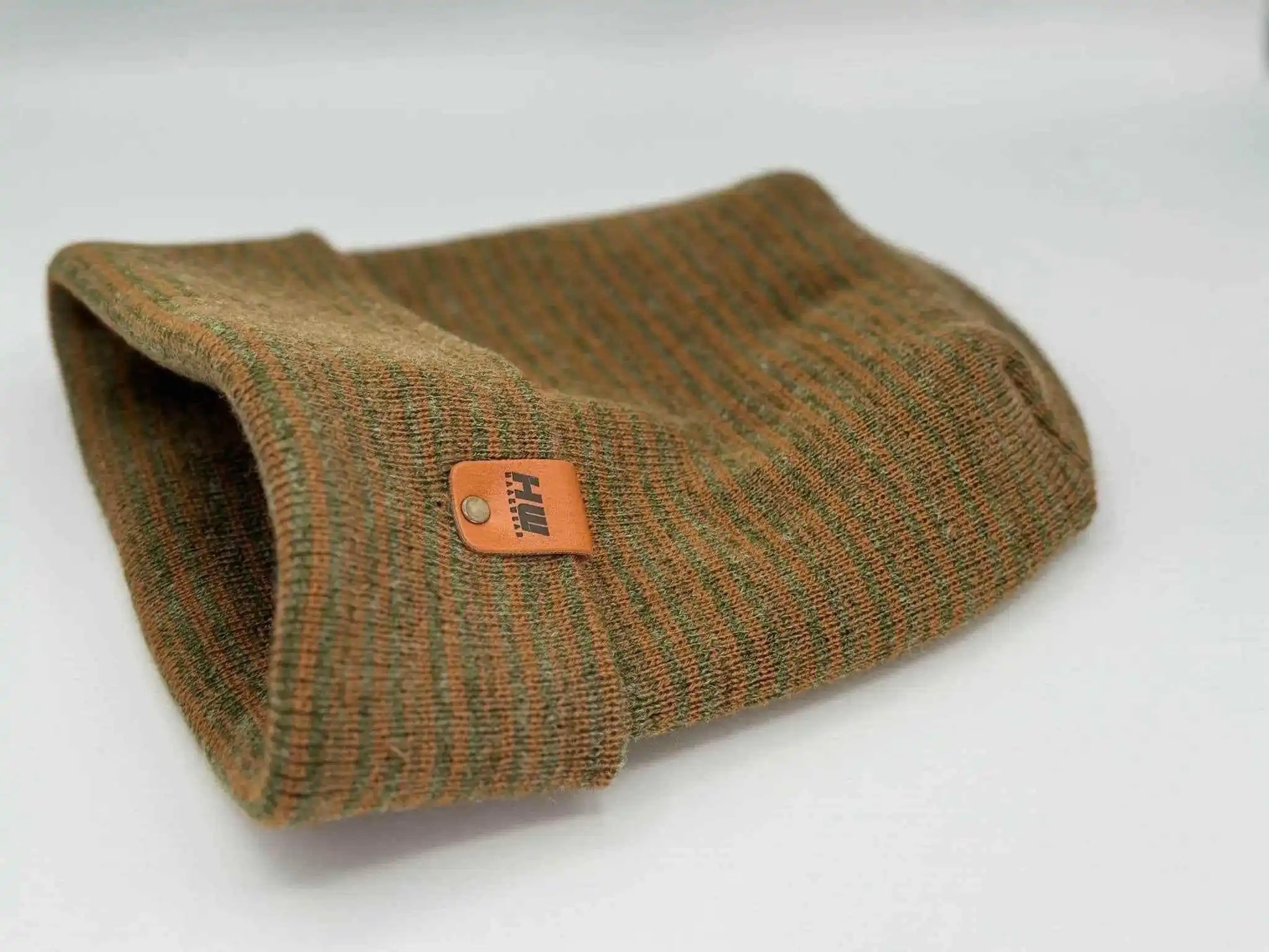 Brown and green contrast cuff beanie, rolled edge with logo patch detail