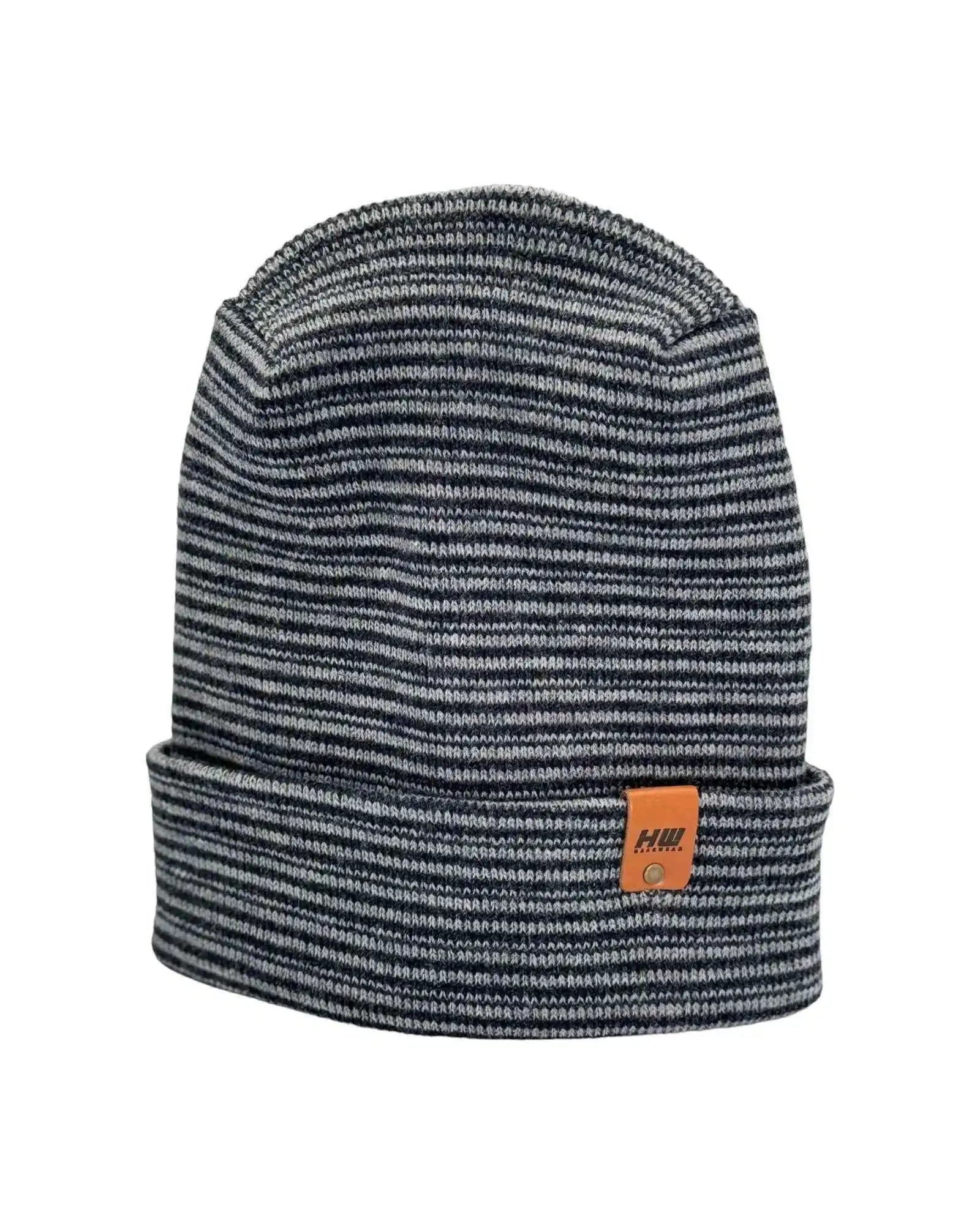 Striped contrast cuffed beanie in gray and dark blue knit with orange logo patch