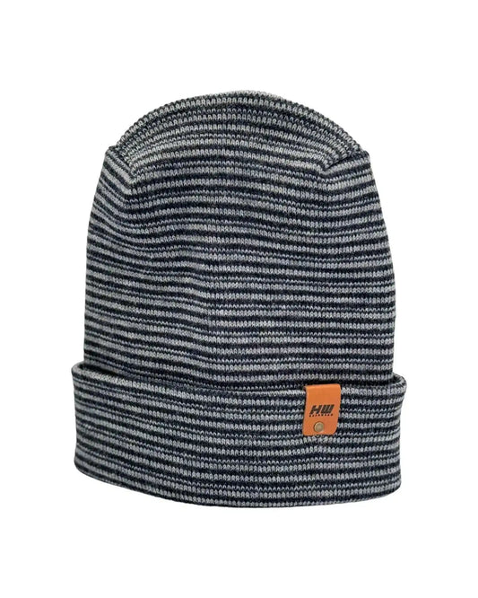 Striped contrast cuffed beanie in gray and dark blue knit with orange logo patch
