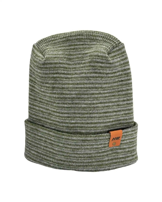 Gray and green ribbed knit beanie with contrast cuff and orange logo patch