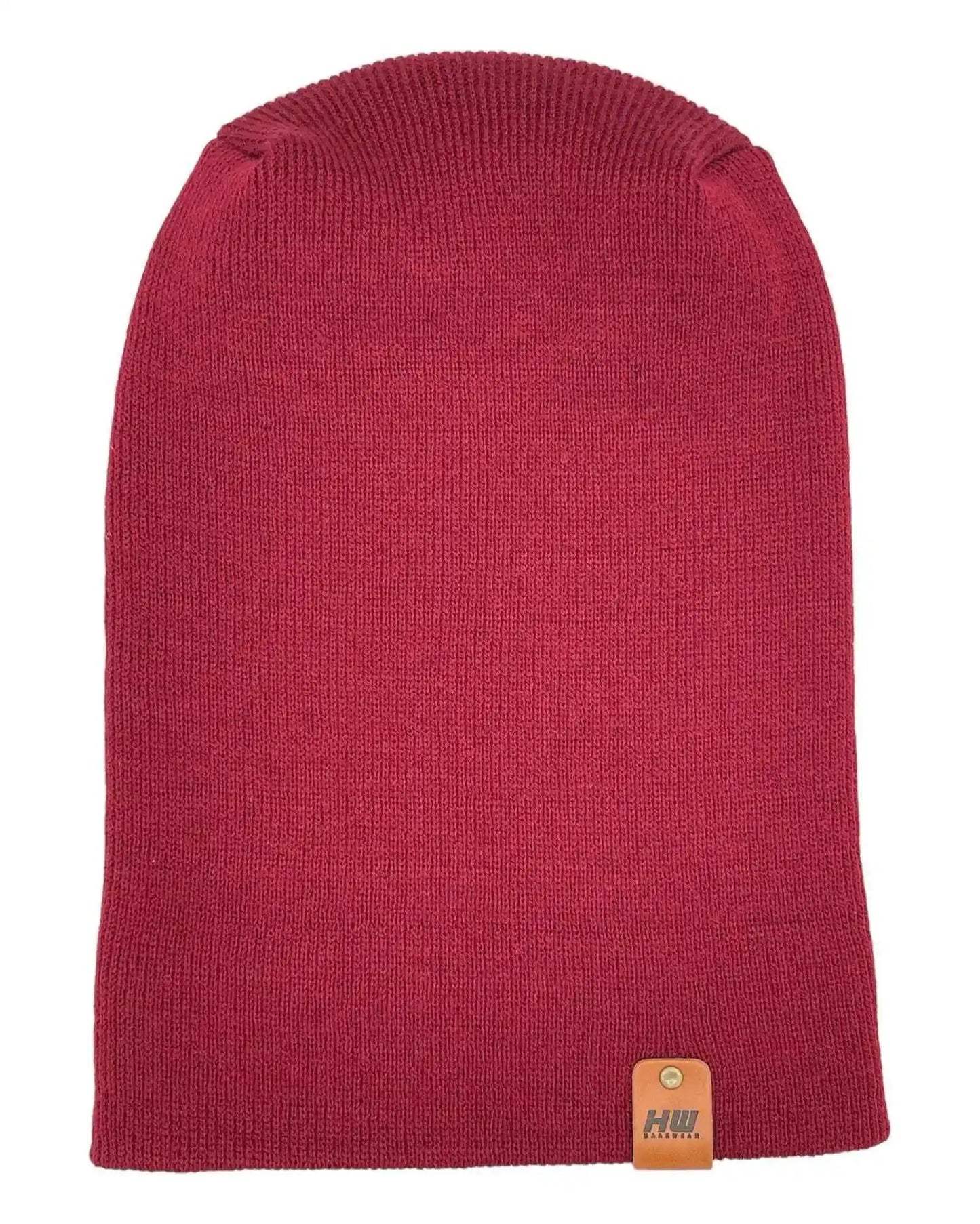 Maroon ribbed knit beanie with tan logo patch at hem