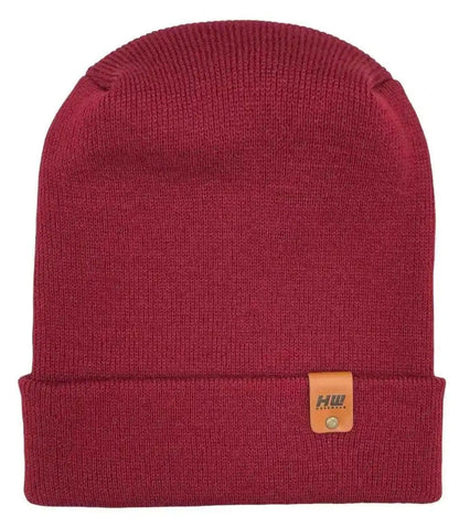 Burnt maroon ribbed beanie with fold-over cuff and logo patch