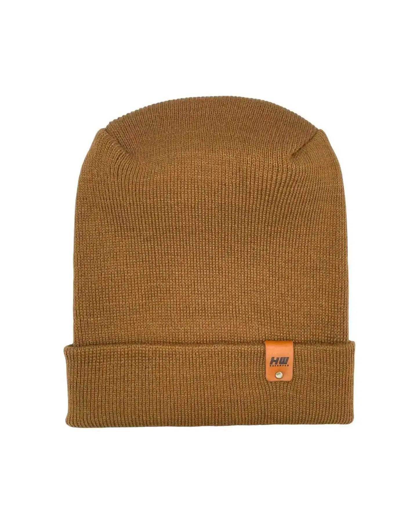 Camel brown knit beanie with folded cuff and small logo patch on front