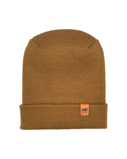 Camel brown knit beanie with folded cuff and small logo patch on front