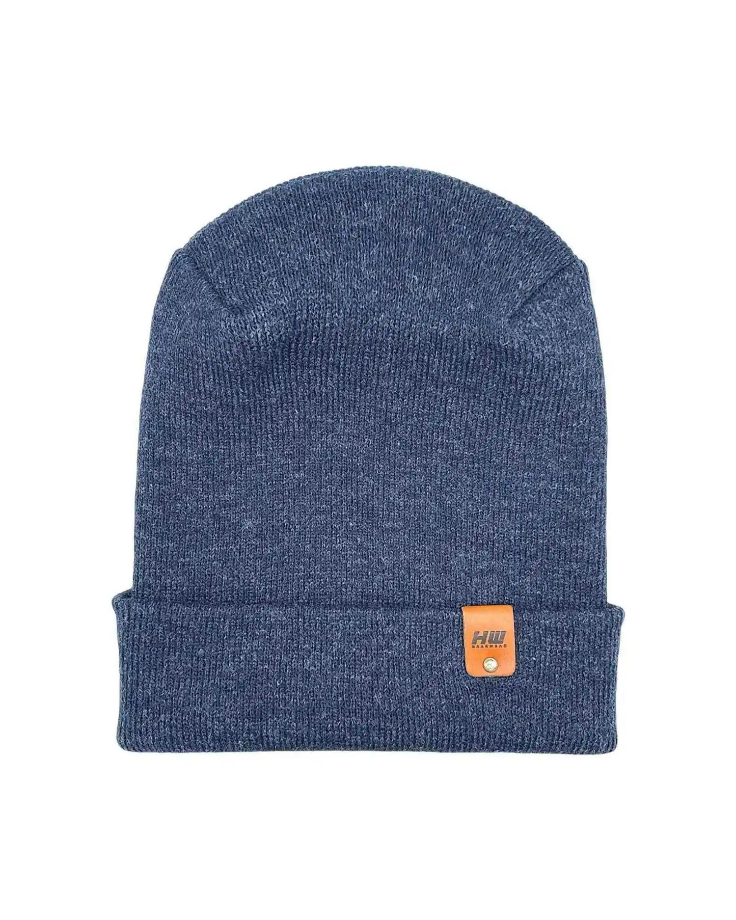 Denim blue ribbed knit beanie with cuff and small tan logo patch