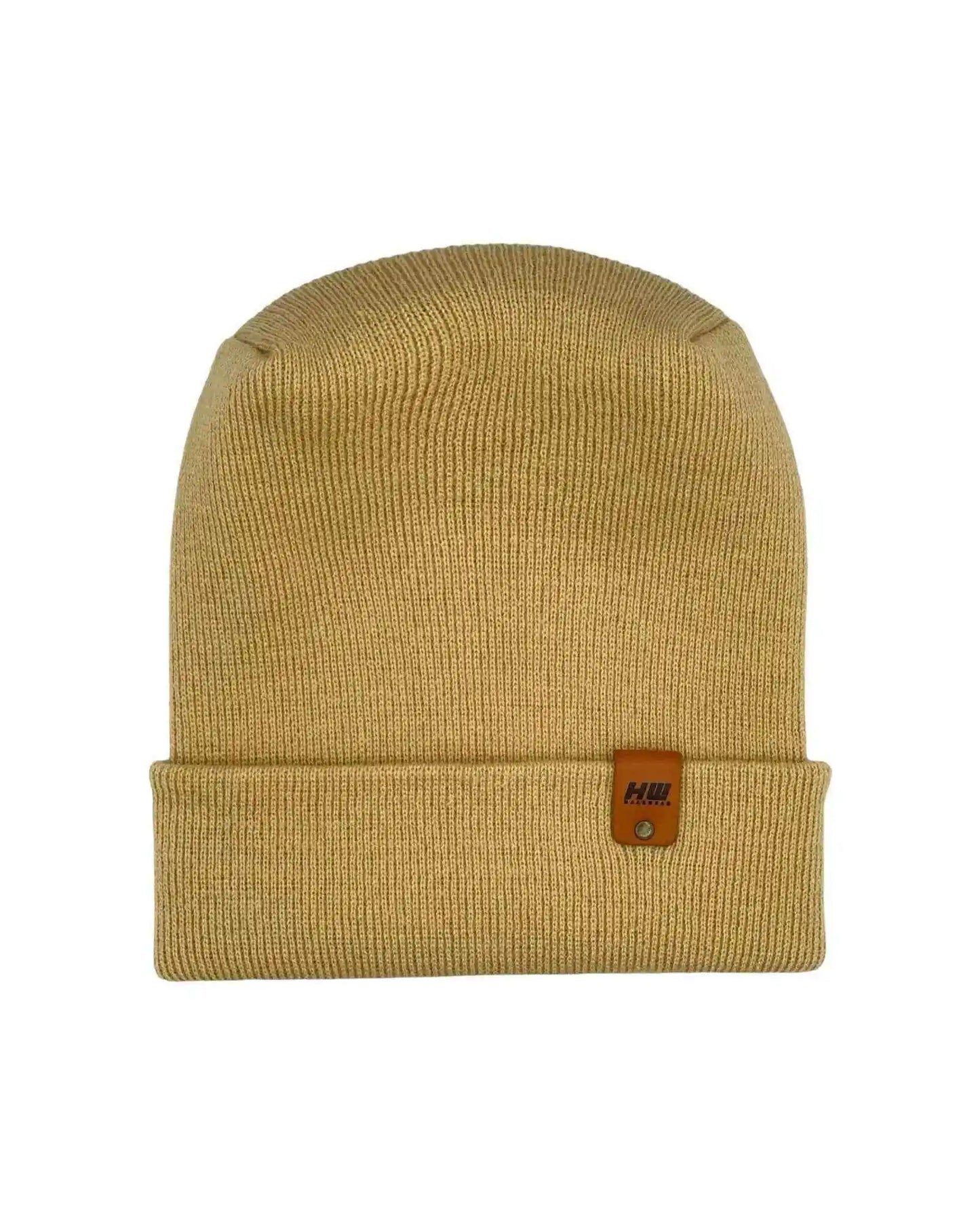 Cuffed knit beanie in dune beige with leather logo patch