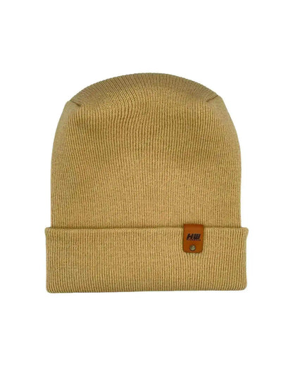 Cuffed knit beanie in dune beige with leather logo patch