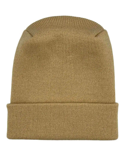 Dune beige cuffed knit beanie with folded brim and clean knit finish