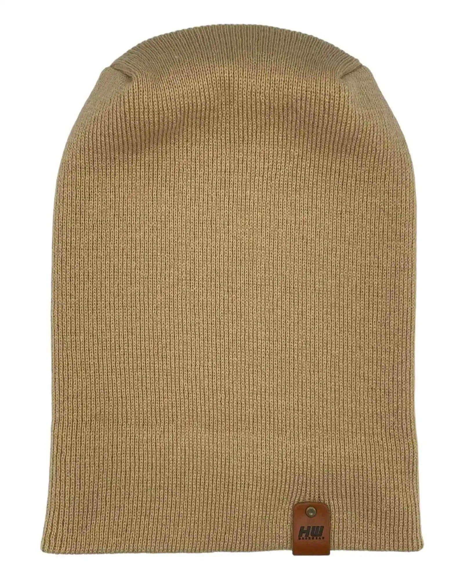 Dune beige knit beanie with small leather logo patch at cuff