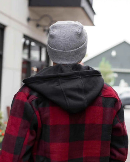 Gray beanie viewed from the back, showing foldover cuff and knit texture