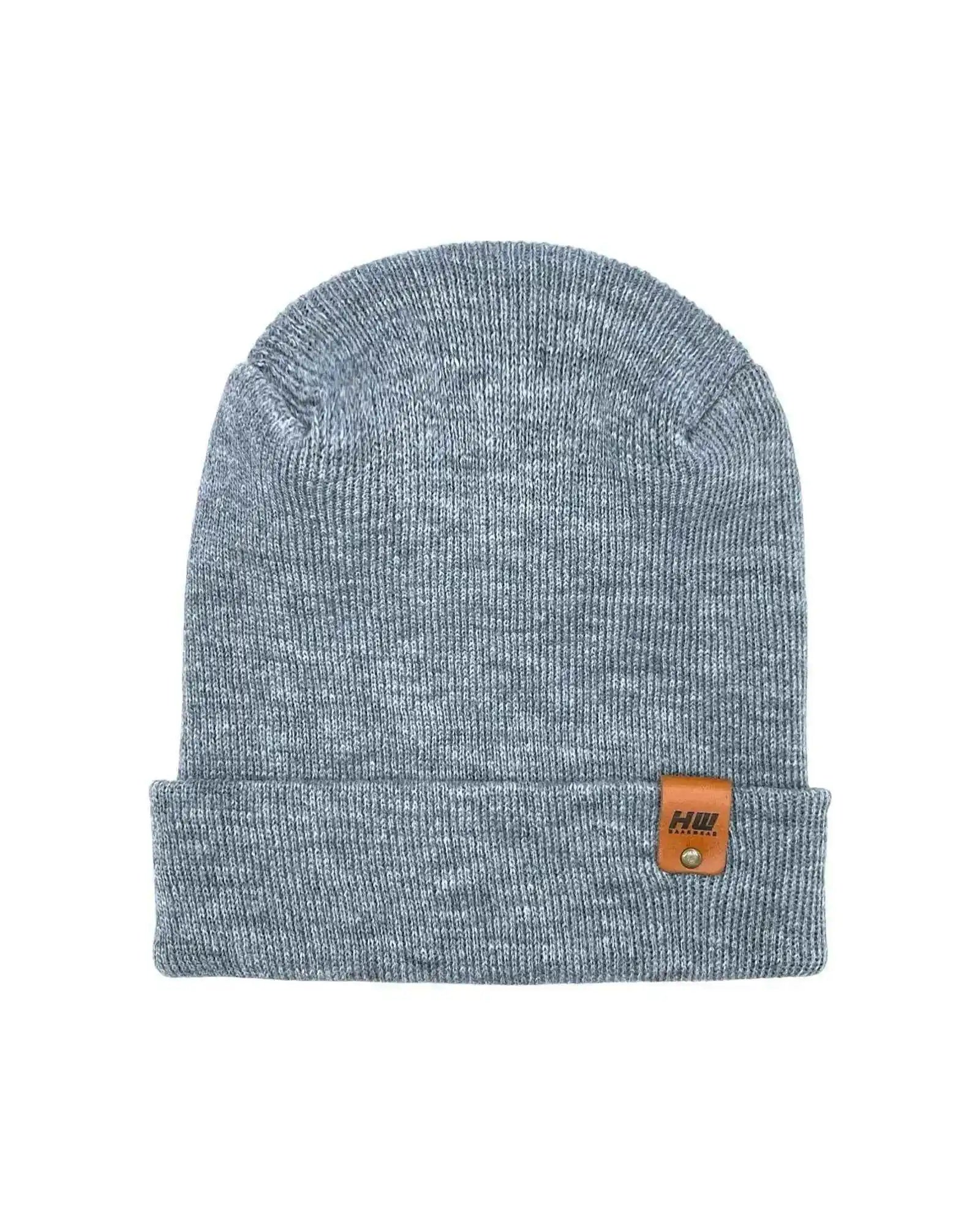 Gray cuffed beanie with ribbed knit texture and small square logo patch on cuff